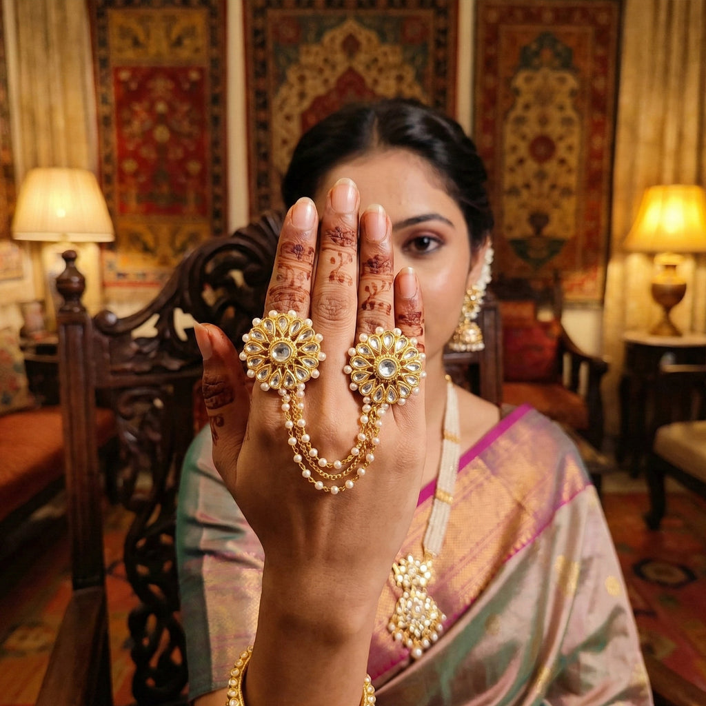 JS Fashion Antique Pearl Designer Double Finger Ring for Women | Vintage Gold Polish Ethnic Statement Ring for Wedding, Party & Festive | Adjustable Boho Jewellery Gift | Grocsy