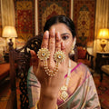 JS Fashion Antique Pearl Designer Double Finger Ring for Women | Vintage Gold Polish Ethnic Statement Ring for Wedding, Party & Festive | Adjustable Boho Jewellery Gift | Grocsy