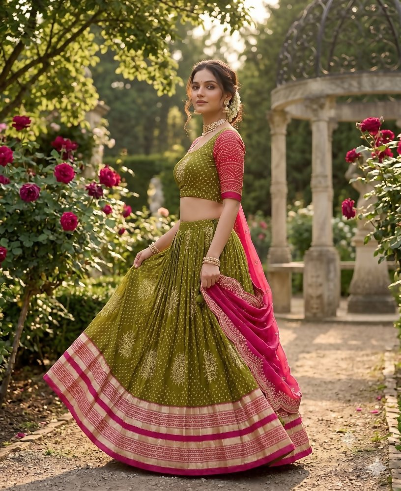 Teeya Creation Festive Olive Green Pink Designer Lehenga Choli Scalloped Border Dupatta | Grocsy