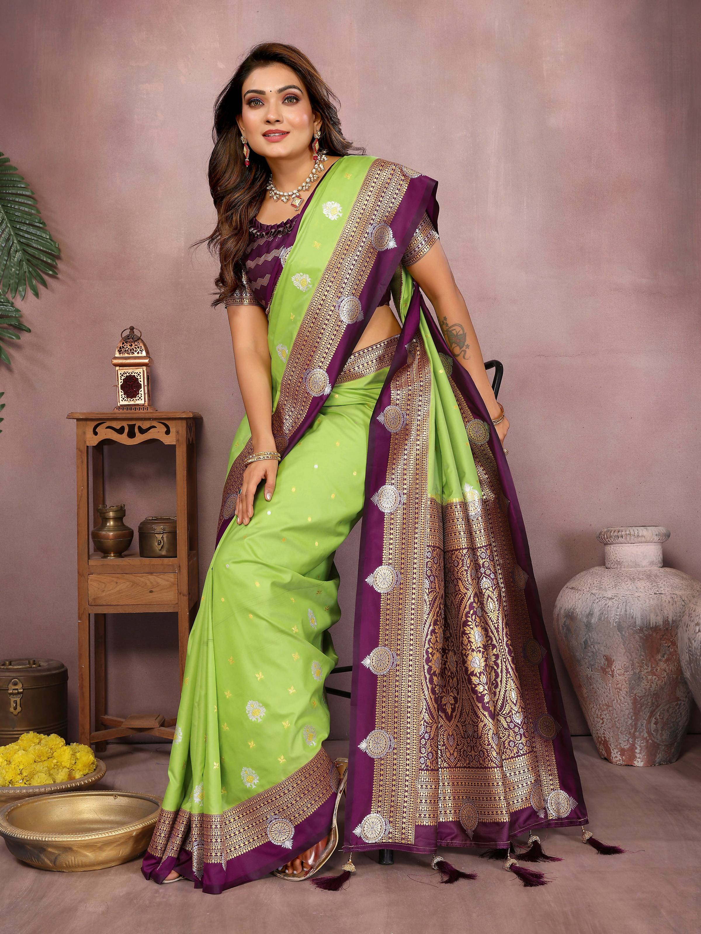 Aastha Fashion Parrot Green Silk Sarees Weaving Saree | Grocsy