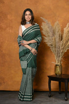 Very Much Indian Handblock Printed Cotton Saree With Natural Dyes - Leaf Green | Grocsy