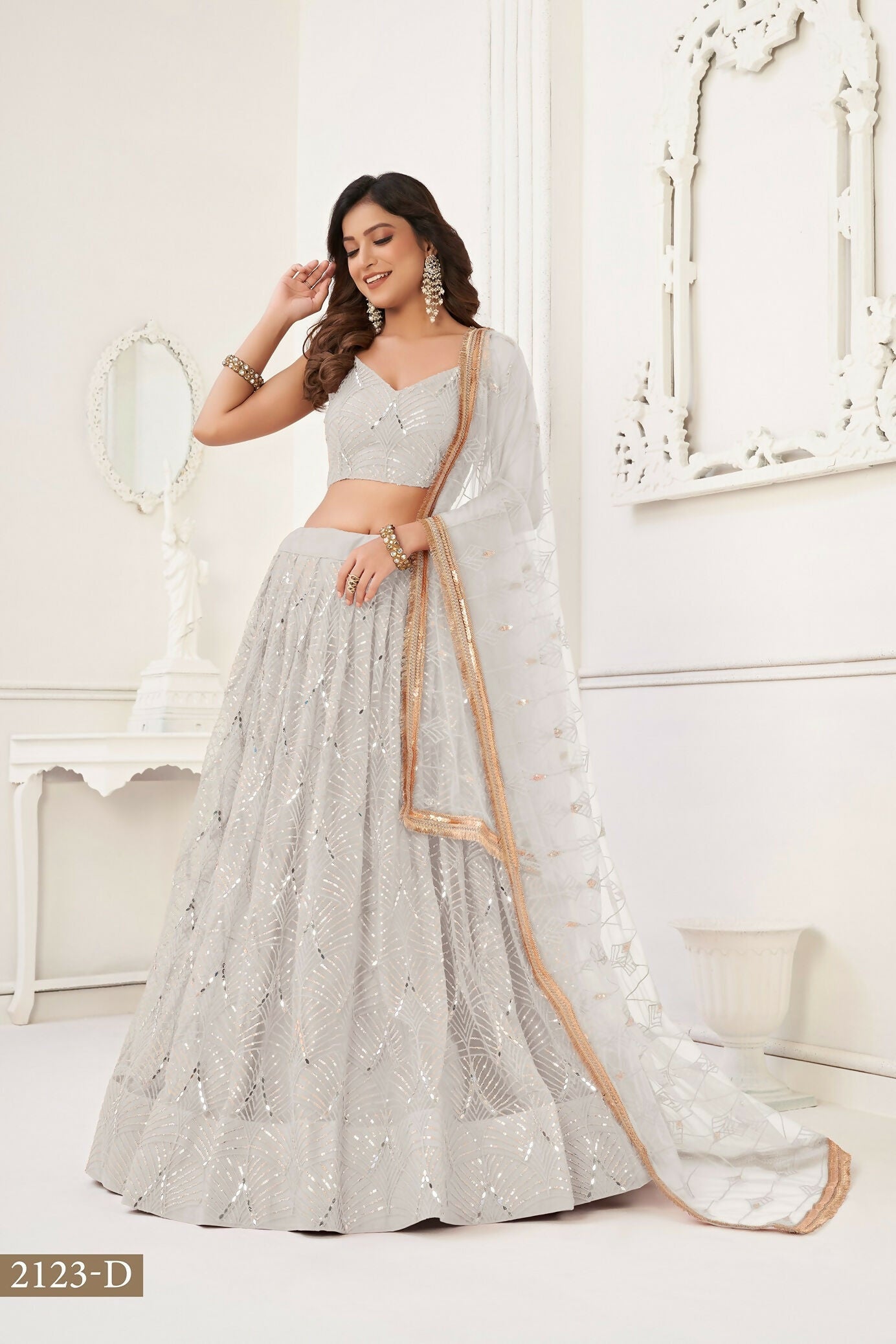 Eilara Glamorous Off White Net With Sequins And Thread Embroidery Real Mirror Work Lehenga Choli For Wedding | Grocsy
