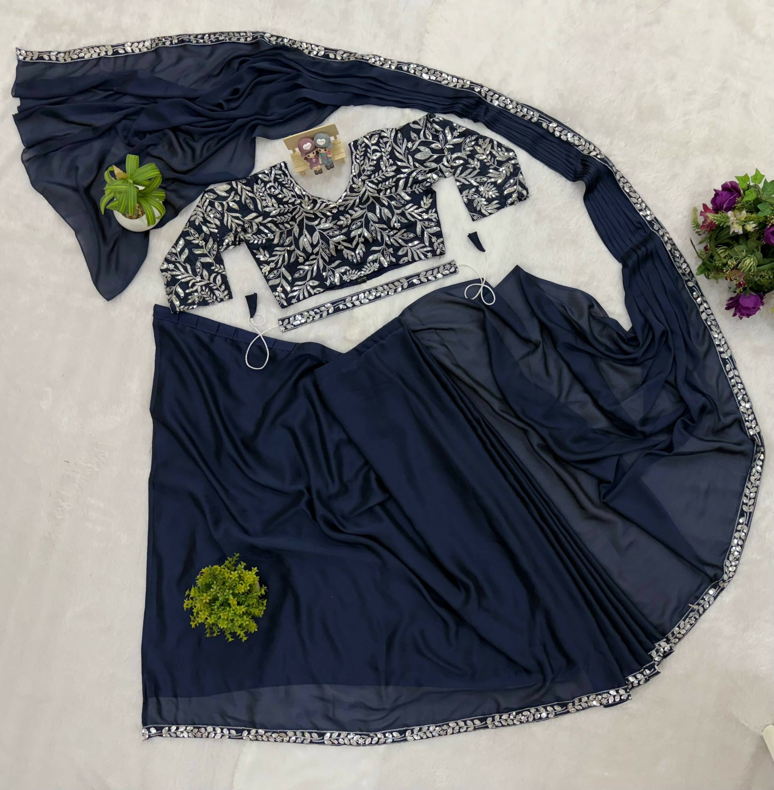 Teeya Creation Dark Blue Color Rangoli Silk Trending Ready To Wear Saree With Belt | Grocsy