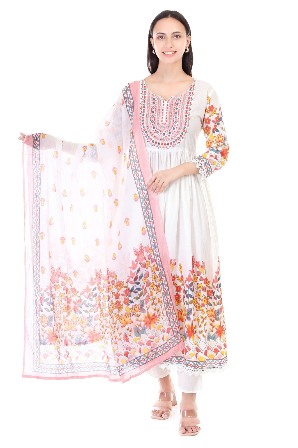 Jaitra Apparels Off White Embroidered Pure Cotton Kurta Set With Dupatta | Grocsy