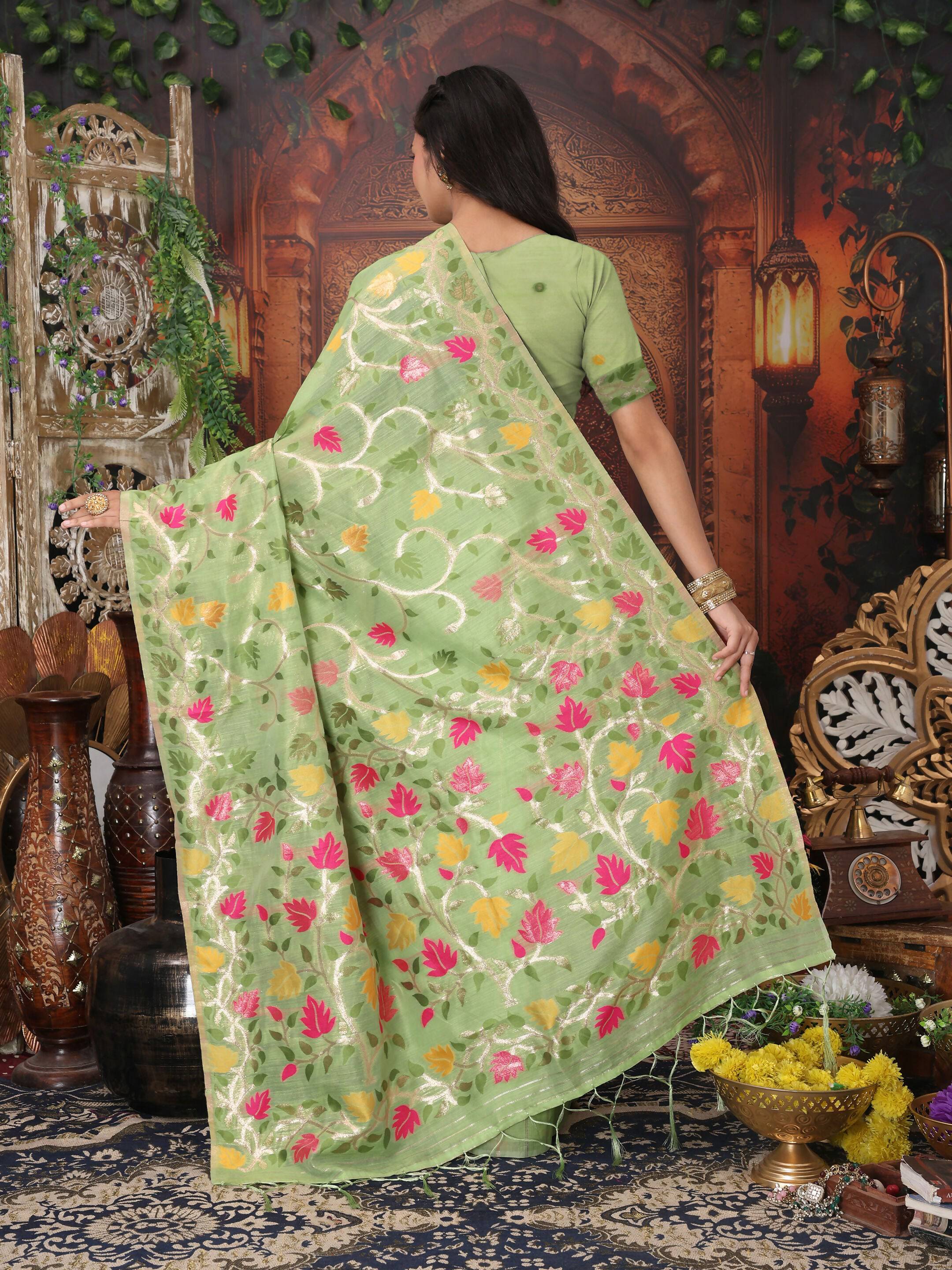 Shree Shyam Fashion Linen Cotton Green Saree | Grocsy