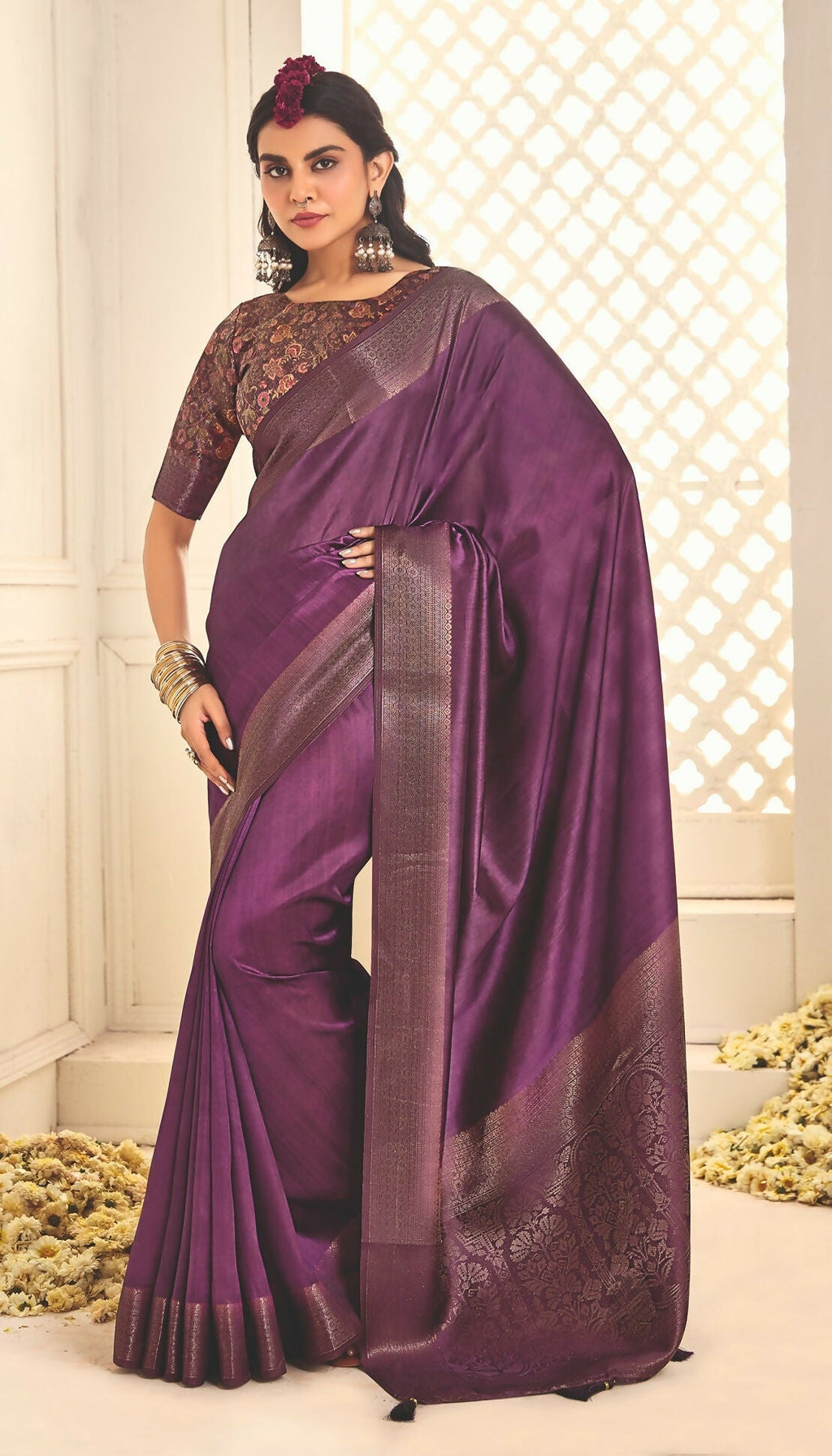 Joban Fashion Satin Silk With Zari Border Purple Colored Designer Pallu Saree | Grocsy
