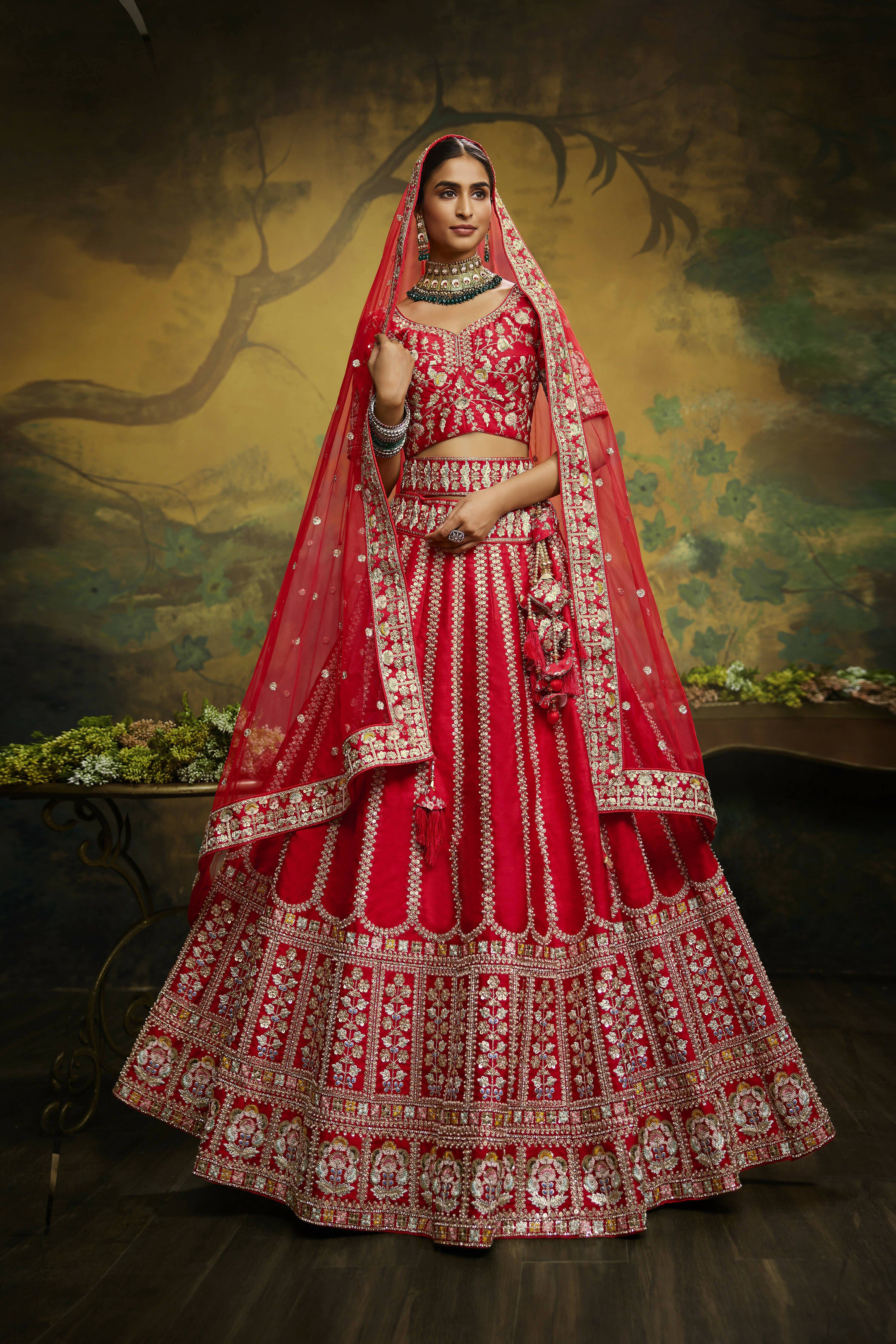 House of Panchhi Red Pure Silk Moti & Zarkan heavy embroidery Lehenga choli & Dupatta | Grocsy
