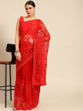 Red Woven Design Net Saree with Blouse Piece - Kalamkari | Grocsy