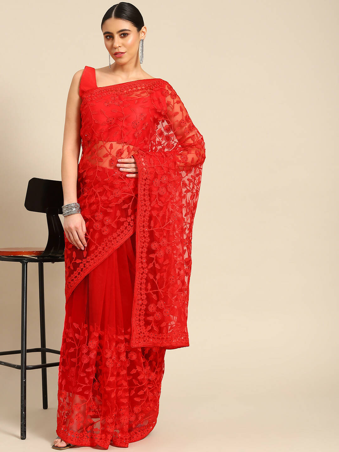 Red Woven Design Net Saree with Blouse Piece - Kalamkari | Grocsy
