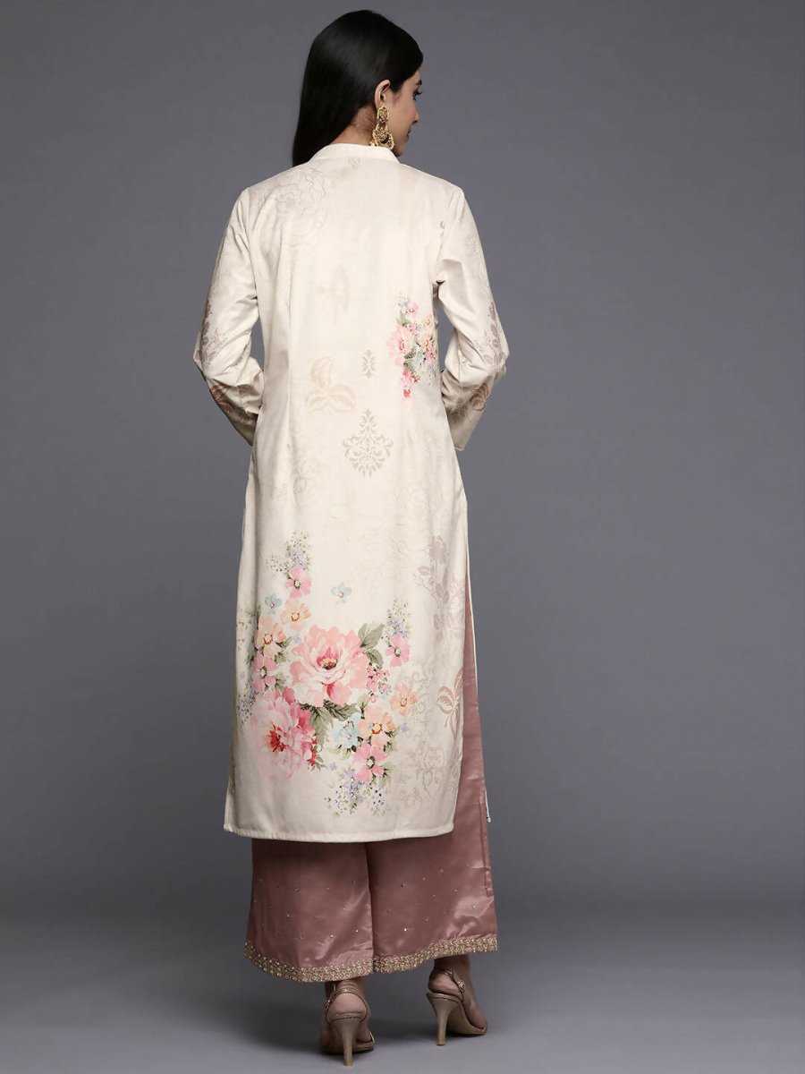 Ahalyaa Women Cream-Coloured & Pink Floral Printed Gotta Patti Floral Velvet Kurta | Grocsy