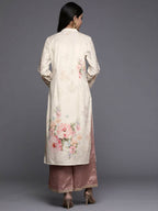 Ahalyaa Women Cream-Coloured & Pink Floral Printed Gotta Patti Floral Velvet Kurta | Grocsy