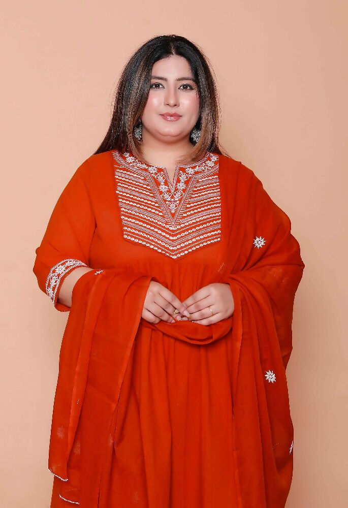 Miravan Womens Plus Size Floral Embroidered Rust Straight Cotton Kurta & Palazzo With Dupatta Set | Grocsy