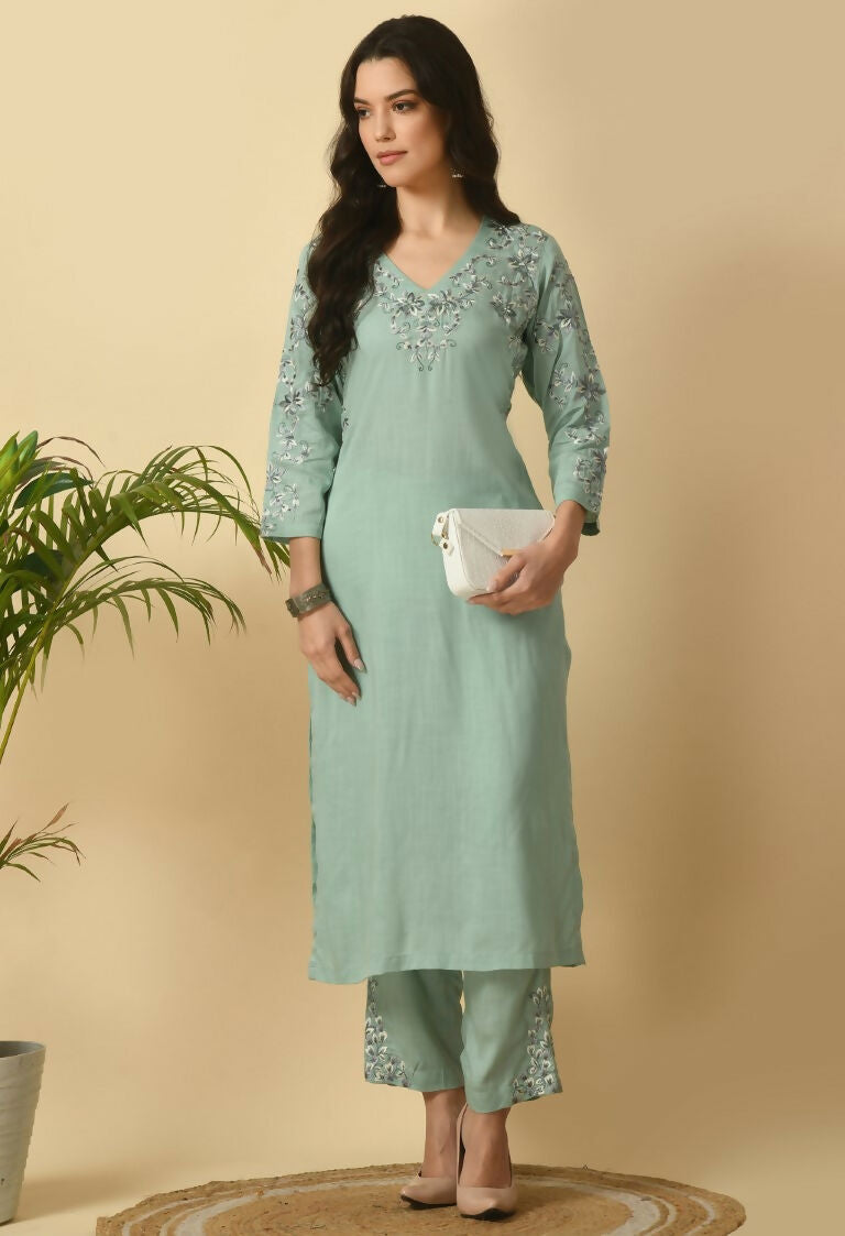 Joban Fashion Sea Green Cotton Rayon Kurta Set | Grocsy