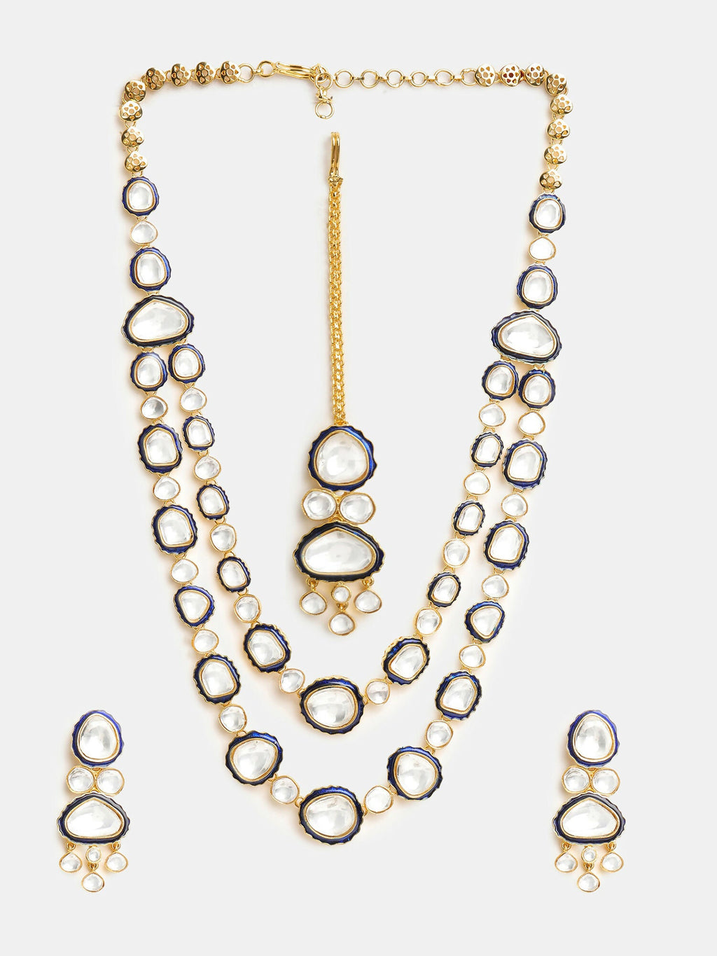 Ruby Raang 22k Gold Polished Blue Meenakari Kundan Layered Necklace With Earrings & Maang Tikka | Grocsy