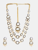 Ruby Raang 22k Gold Polished Blue Meenakari Kundan Layered Necklace With Earrings & Maang Tikka | Grocsy