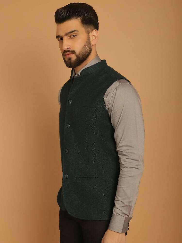 Even Apparels Pure Wool Nehru Jacket - Green | Grocsy