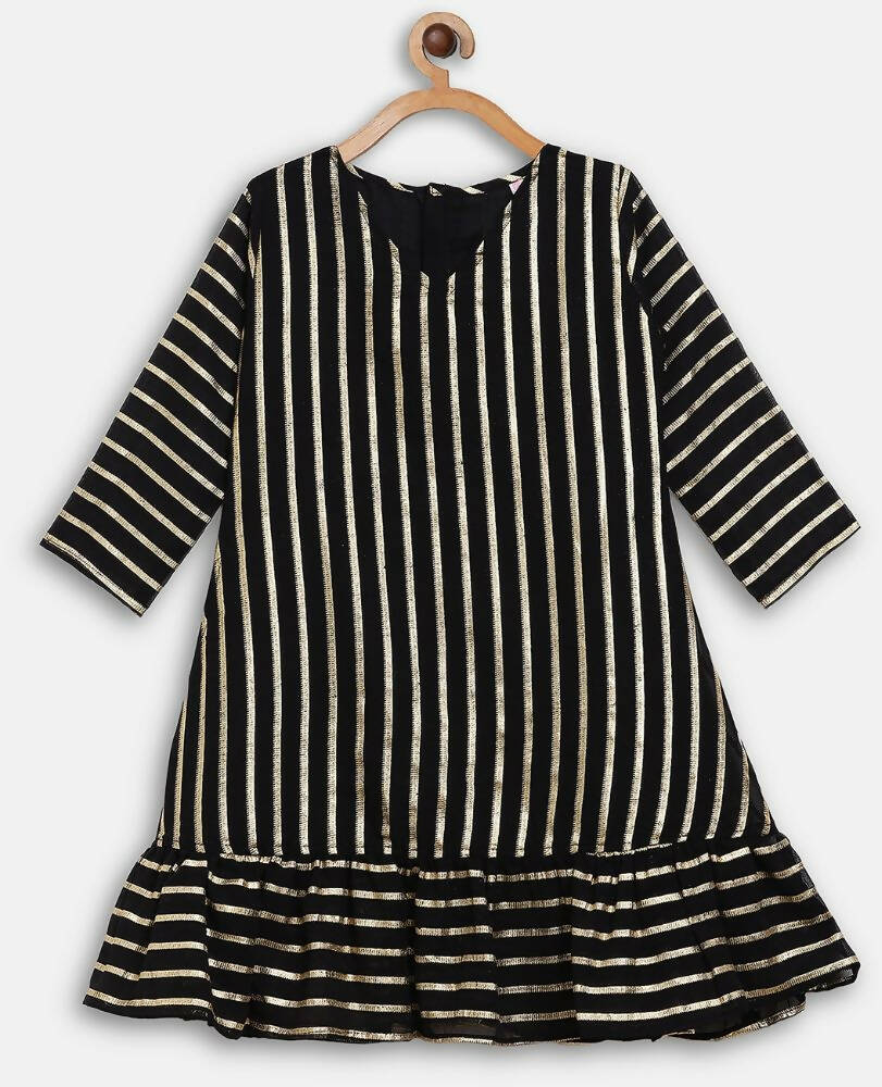 Ahalyaa Black Georgette Stripped Gold Printed Kids Kurta Pant Set For Girls | Grocsy