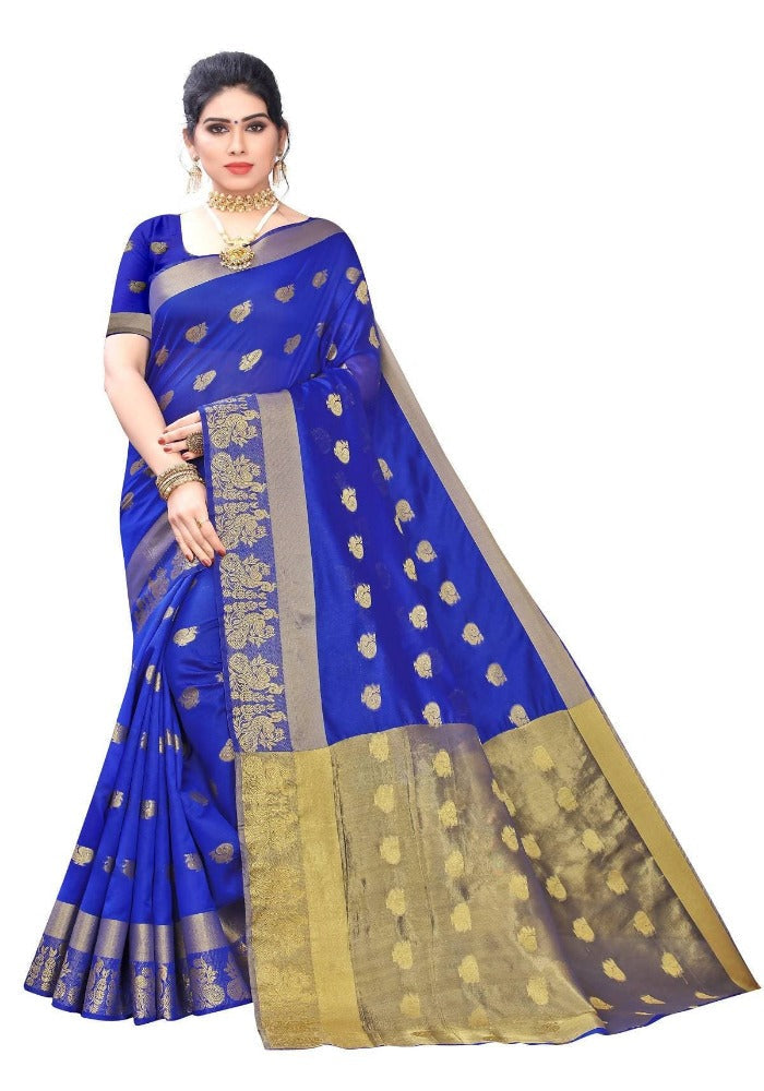 Vamika Banarasi Jacquard Weaving Blue With Gold Print Saree | Grocsy