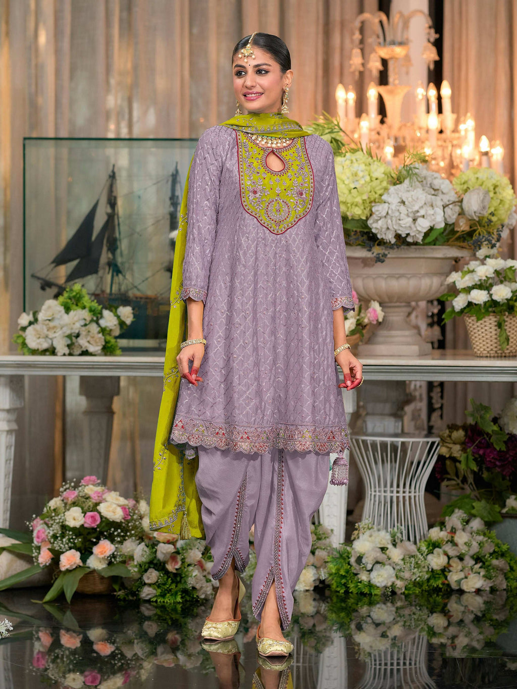 Anaita Lavender Embroidered Silk Stitched Dhoti Suit | Grocsy
