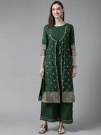 Ahalyaa Womens Dark Green Chanderi Gold Foil Printed Kurta Palazzo Set | Grocsy