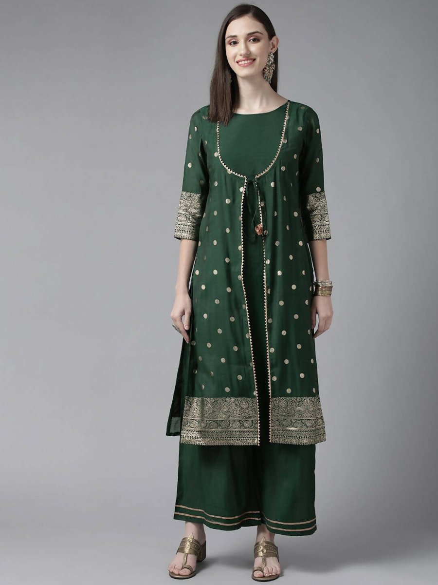 Ahalyaa Womens Dark Green Chanderi Gold Foil Printed Kurta Palazzo Set | Grocsy