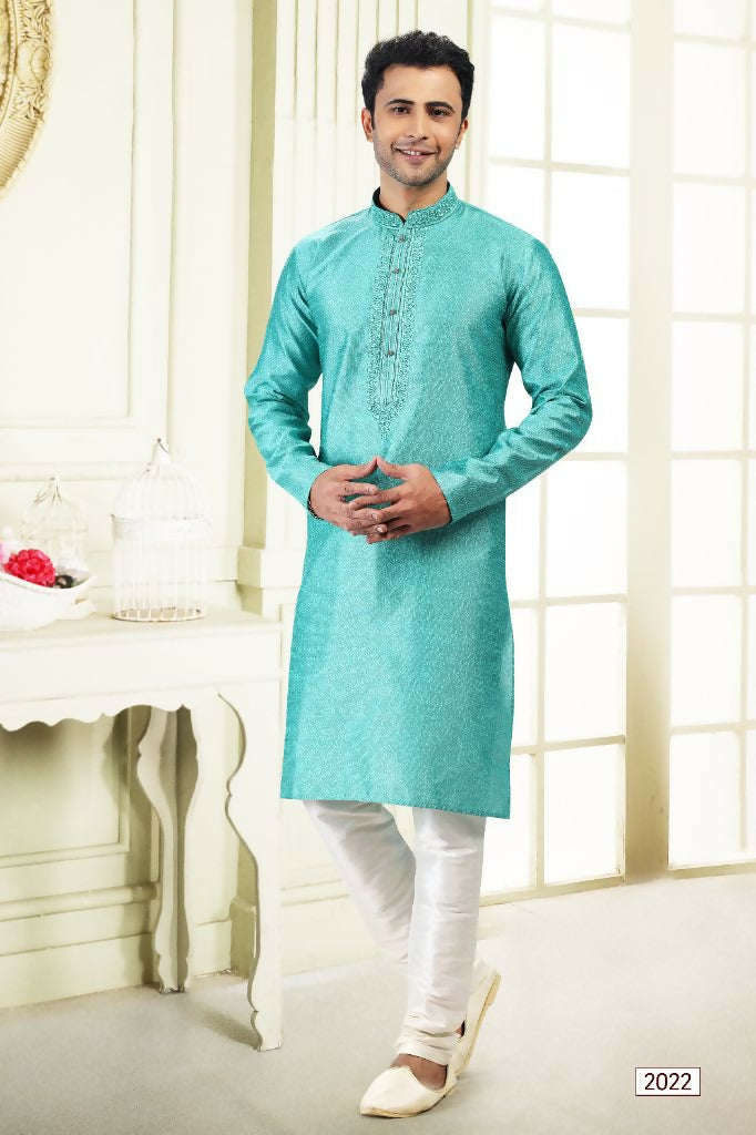 Raivat Ethnic Jacquard Banarasi Silk Thread Work Kurta Pajama In Teal Green Colour | Grocsy