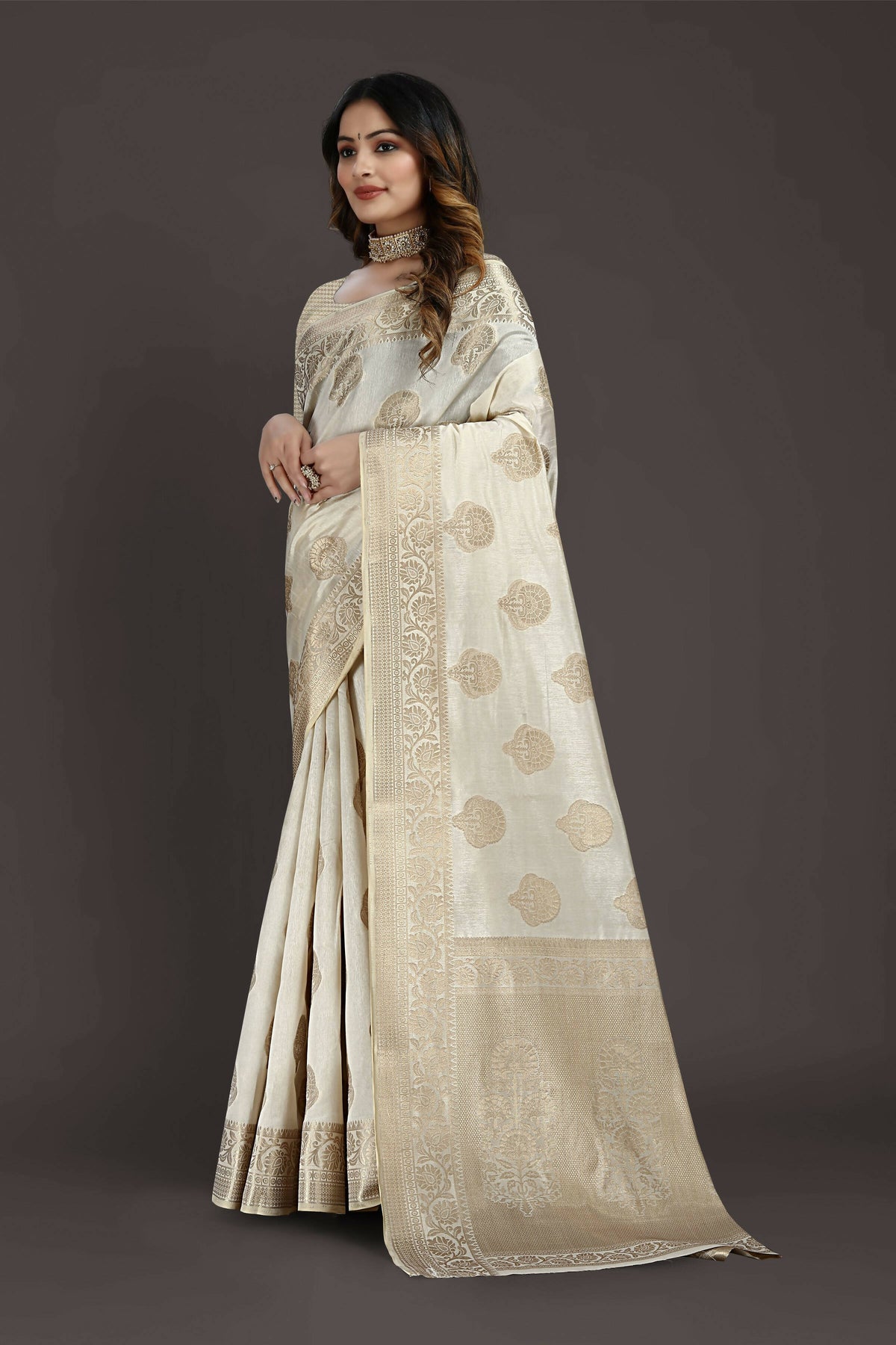 Off White Pure Raw Silk Zari Woven Saree with Unstitched Blouse Piece - Alisha | Grocsy