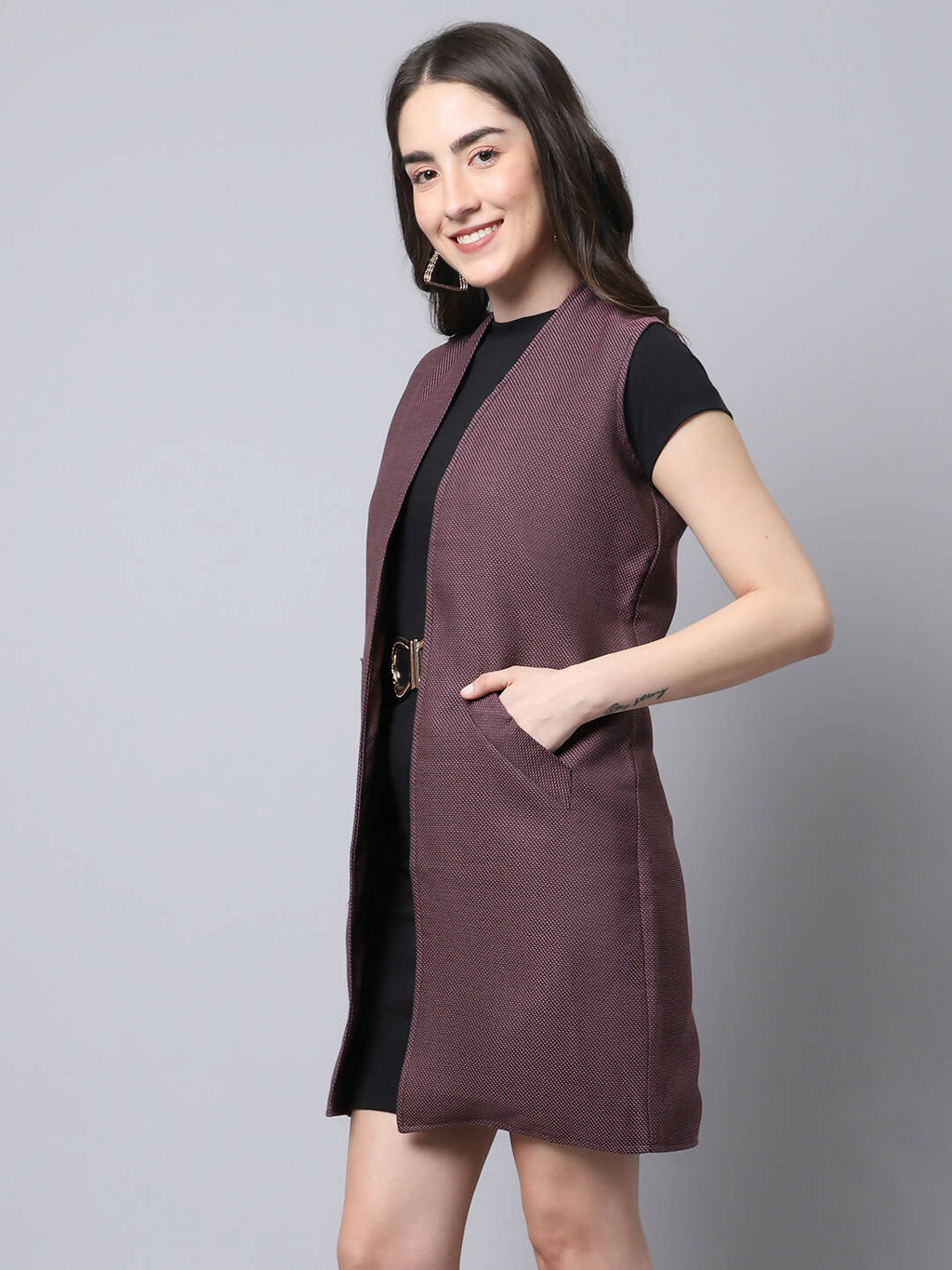 Even Apparels Wine Polywool Open Front Women's Long Coat | Grocsy
