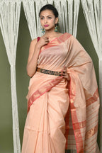 Very Much Indian Handloom Cotton Silk Maheshwari Saree With Sleek Golden Border - Beige | Grocsy