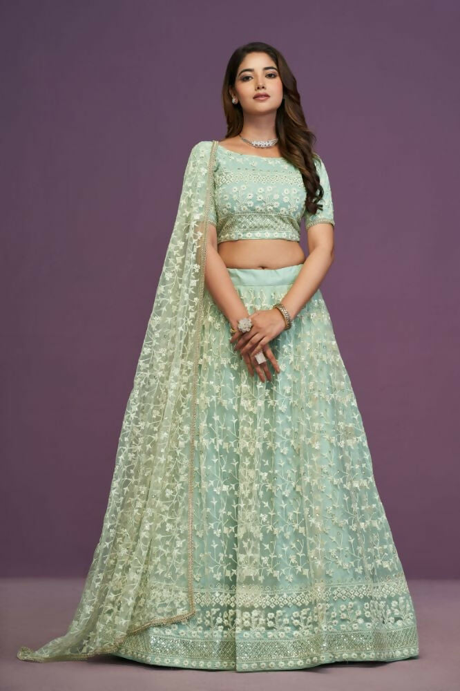 Pista Green Soft Net Thread Sequence Embroidery Work Lehenga Choli - Jihu Culture | Grocsy