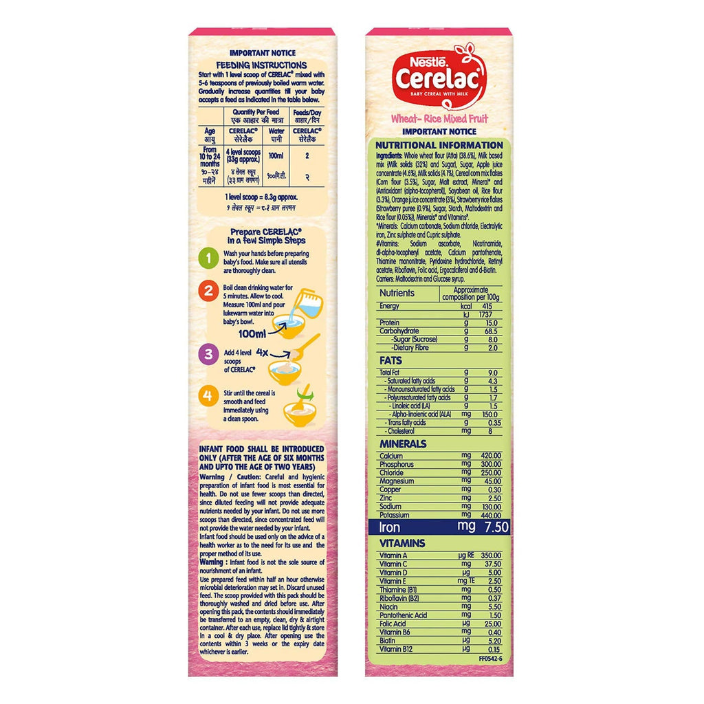 Nestle Cerelac Baby Cereal With Milk Wheat - Rice Mixed Fruit | Grocsy