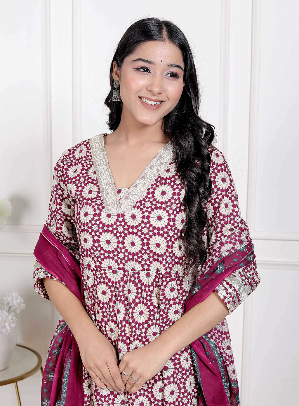 Miravan Women's Cream Embroidered Cotton Anarkali Kurta and Dupatta | Grocsy