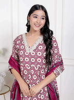 Miravan Women's Cream Embroidered Cotton Anarkali Kurta and Dupatta | Grocsy