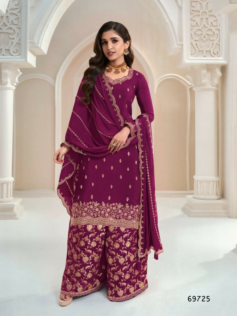 Vastranavya Exquisite Wine Heavy Chinon with Embroidered & Sequins Work Salwar Suits | Grocsy