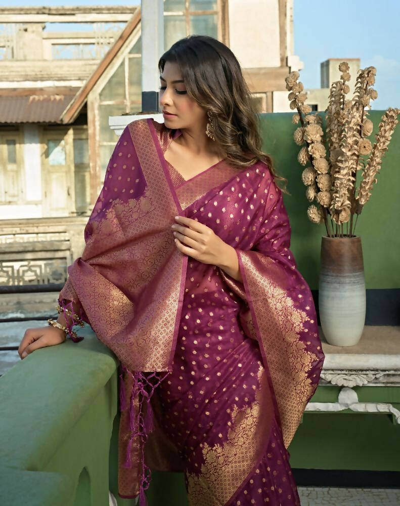 Charming Designer Deep Wine Color Organza Silk Saree With Weaving Work - Yomika Fashions | Grocsy