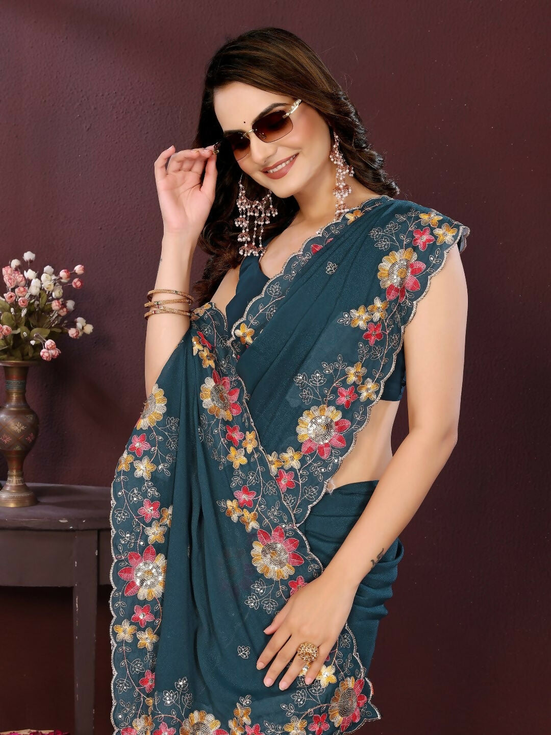 Ai Fashion Teal Soft Star Georgette Embroidery Party Wear Saree | Grocsy