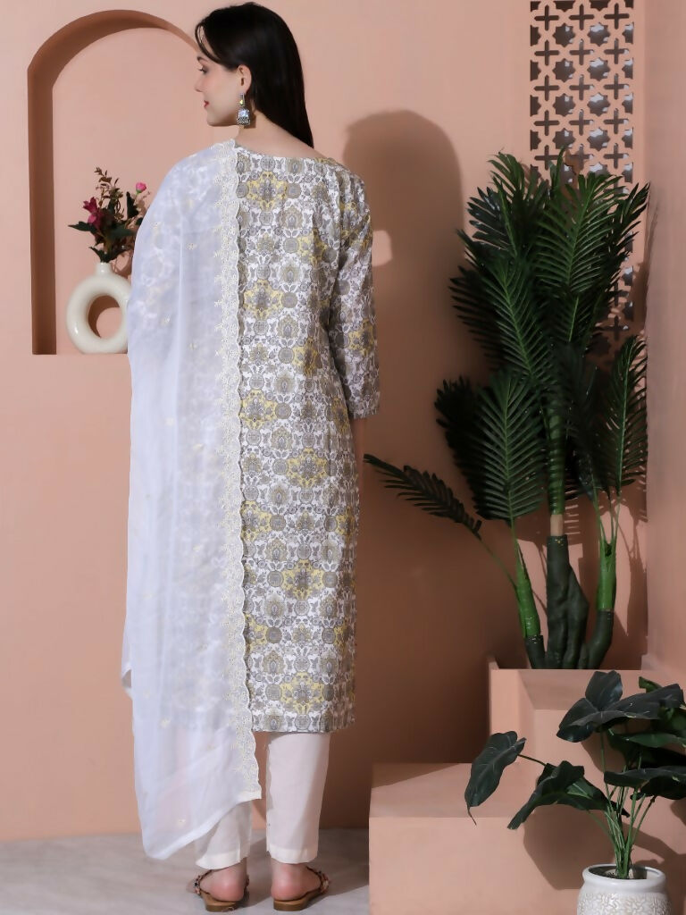 Jyoti Fashion Women's Off White Cotton Floral Digital Printed Kurta with Trouser & Dupatta | Grocsy