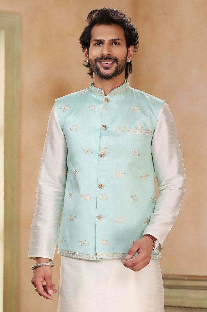 Raivat Ethnic Jacquard Banarasi Silk Woven Work 3 Pics Jacket Set In Pista Green Colour | Grocsy