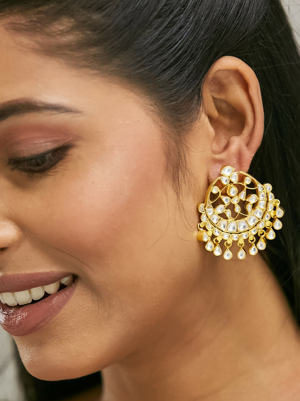 Nuyug 22K Gold-Plated Kundan Stone Studded & Pearl Beaded Moon Chandbalis | Grocsy