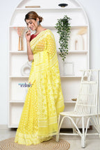 Very Much Indian Jamdhani Cotton Saree With Polka Dot Pallu - Lime Yellow | Grocsy