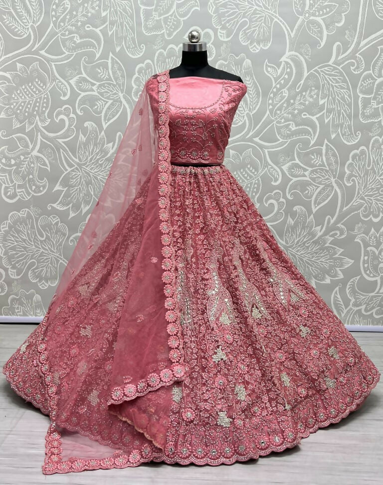 Jyoti Fashion Women's Pink Bridal Net Fancy Dori, Multi Thread, Hand Mirror and Diamond Work Wedding Lehenga Choli | Grocsy