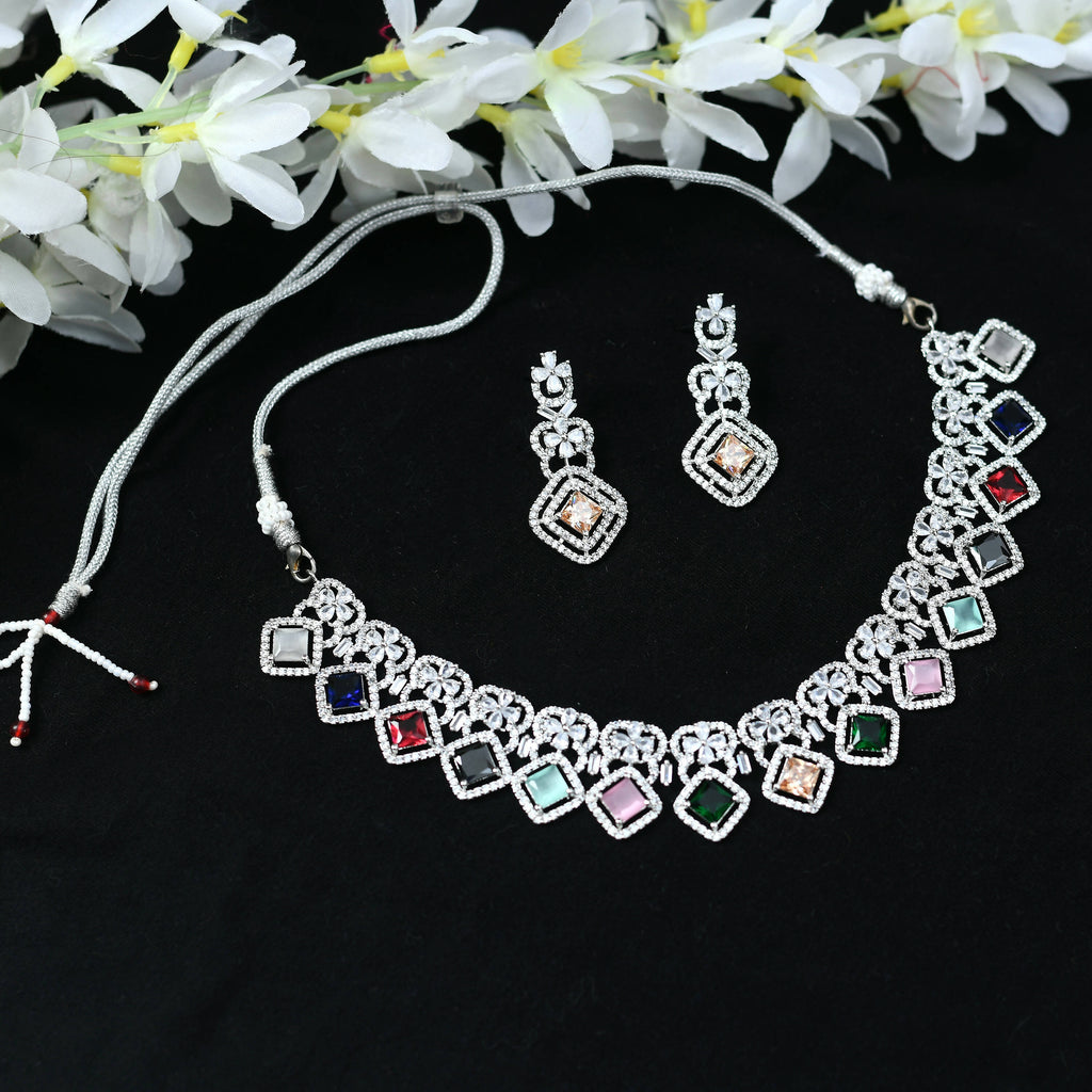 Mominos Fashion Johar Kamal Women Silver-Plated American Diamond Multi Colour Choker Set | Grocsy