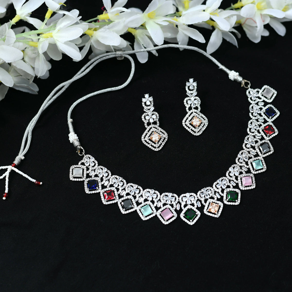 Mominos Fashion Johar Kamal Women Silver-Plated American Diamond Multi Colour Choker Set | Grocsy
