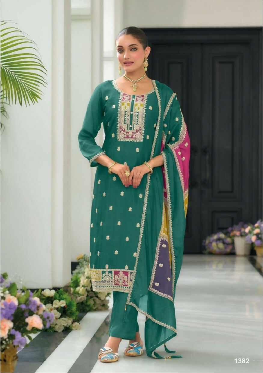 Teeya Creation Green Color Chinon Silk Embroidery Work Wedding Wear Designer Salwar Suit | Grocsy