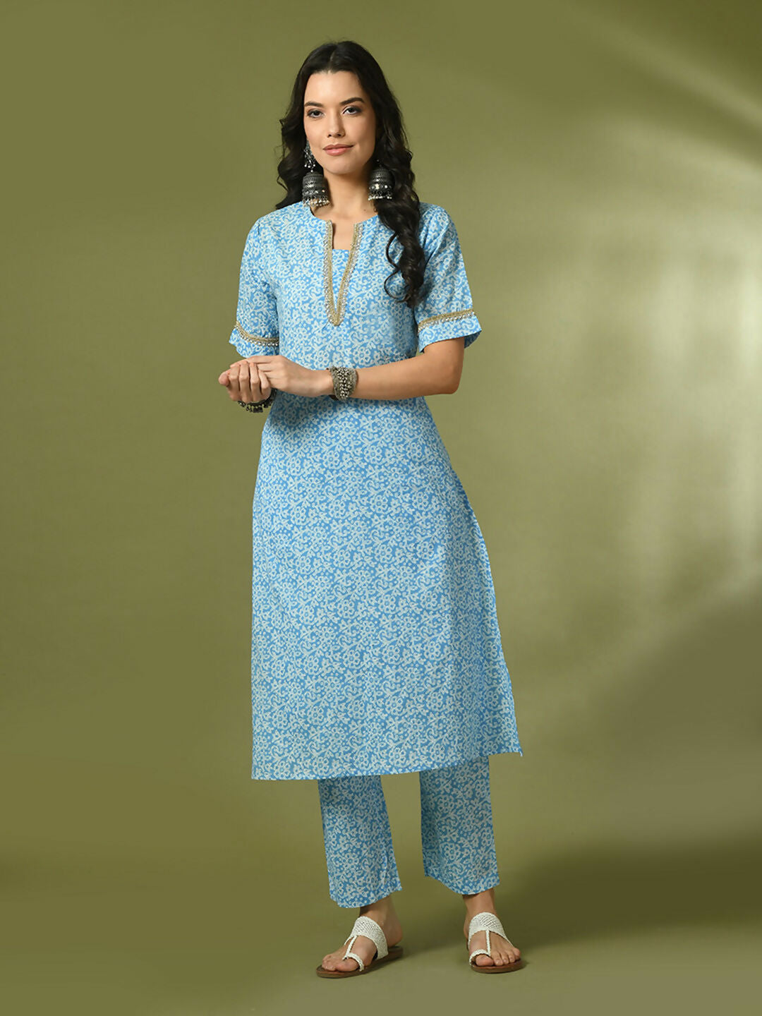 Myshka Women's Blue Printed Cotton Straight Party Kurta Set | Grocsy