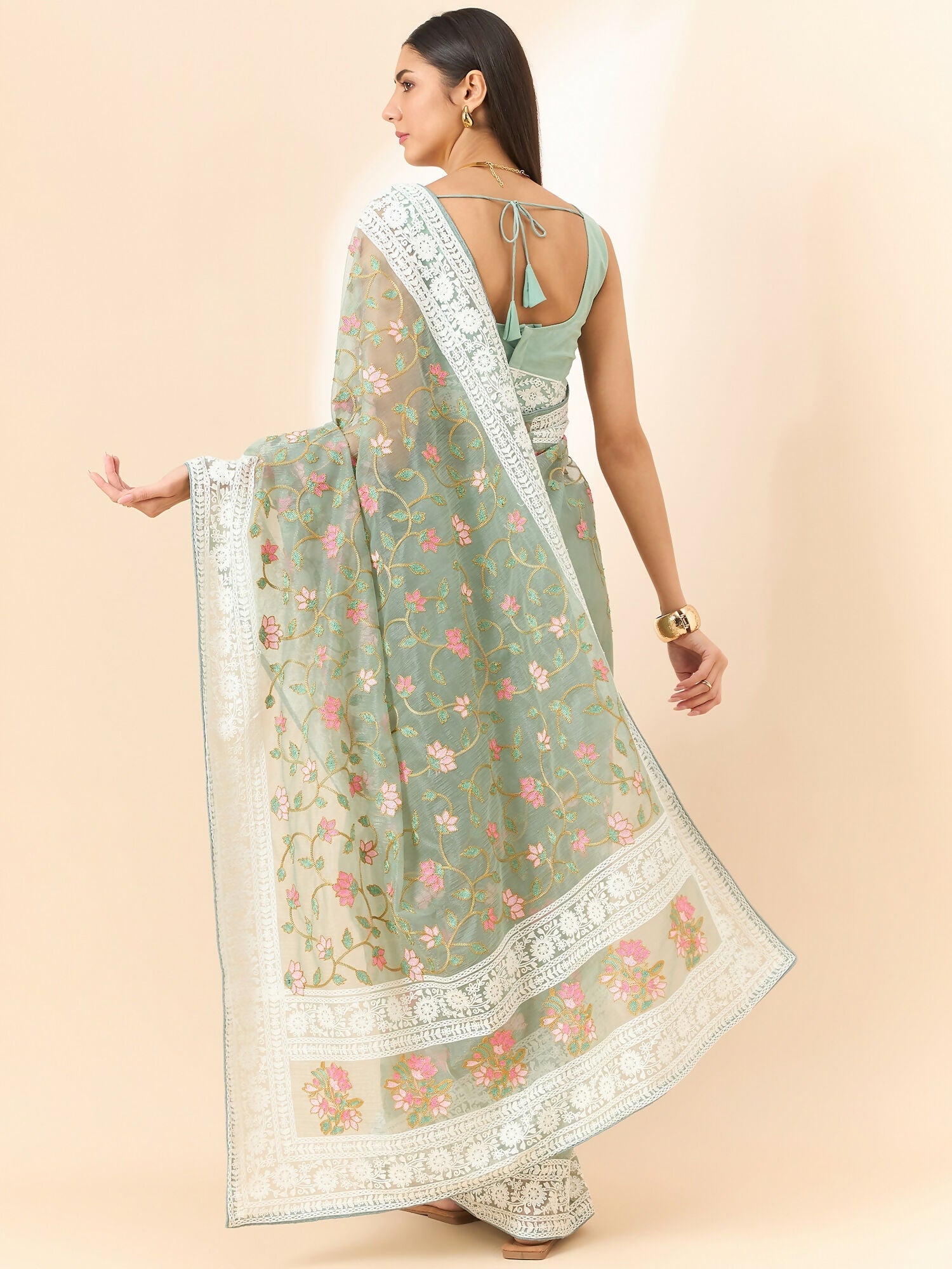 Green Organza Floral Embroidered Saree with Unstitched Blouse Piece - Roozal | Grocsy