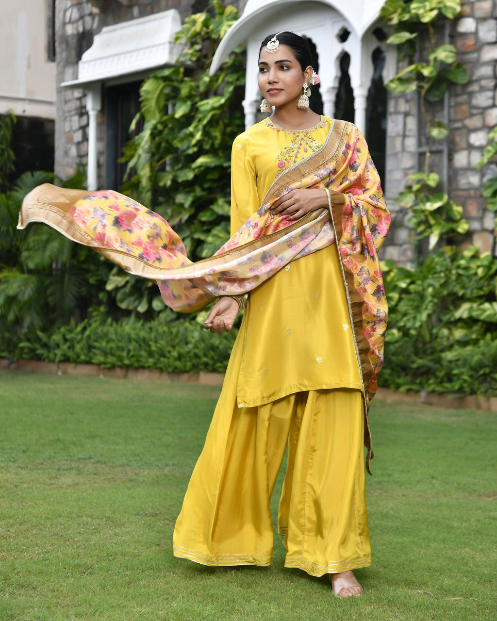 Vaasva Women's Silk Mustard Emboidered Solid Kurta, Sharara & Dupatta Set | Grocsy