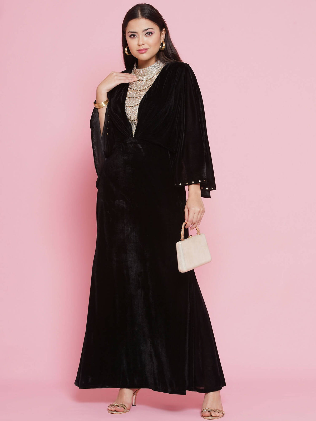 Women Republic Black Velvet Embellished Gown | Grocsy