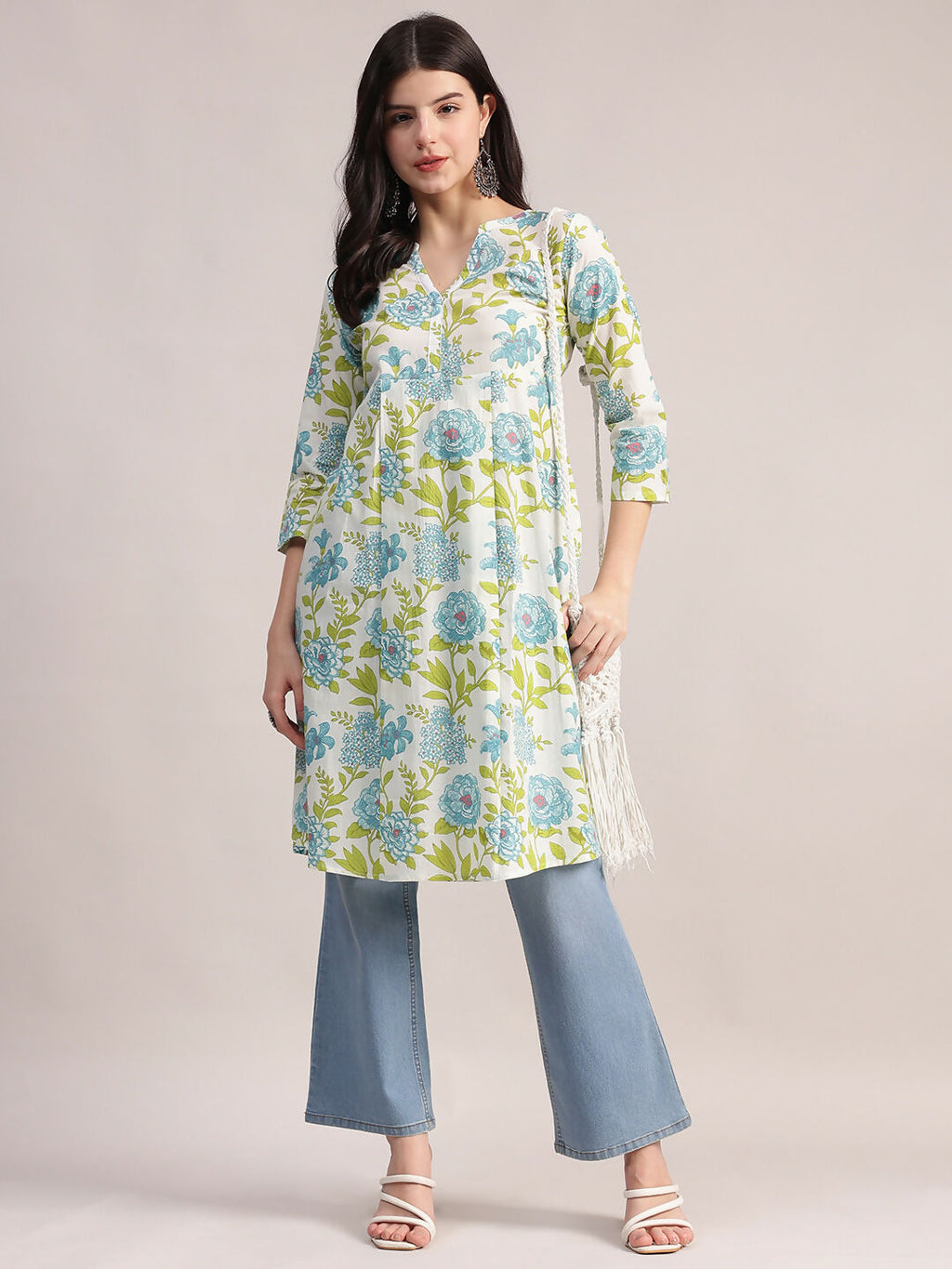Aavyora Women's Off-White and Blue Cotton A-Line Tunic with Blue and Green Floral Print. | Grocsy