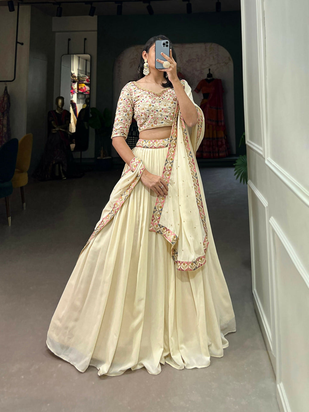 Vastranavya Exquisitely Sequins And Thread Embroidered Georgette Lehenga Choli - Off White | Grocsy